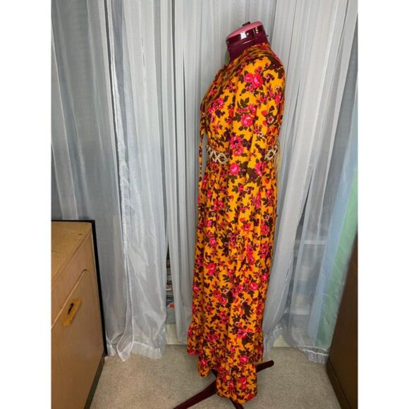 1970s peasant dress floral boho flowerpower mustard pink - Picture 10 of 13